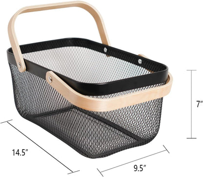 Metal Mesh Steel Harvest Basket, Rectangle Wire Garden Basket with Handle – Multi-functional Storage Organizer for Gathering Vegetables, Fruits, Kitchen, Garden, Picnic & Cabinet (Ivory)