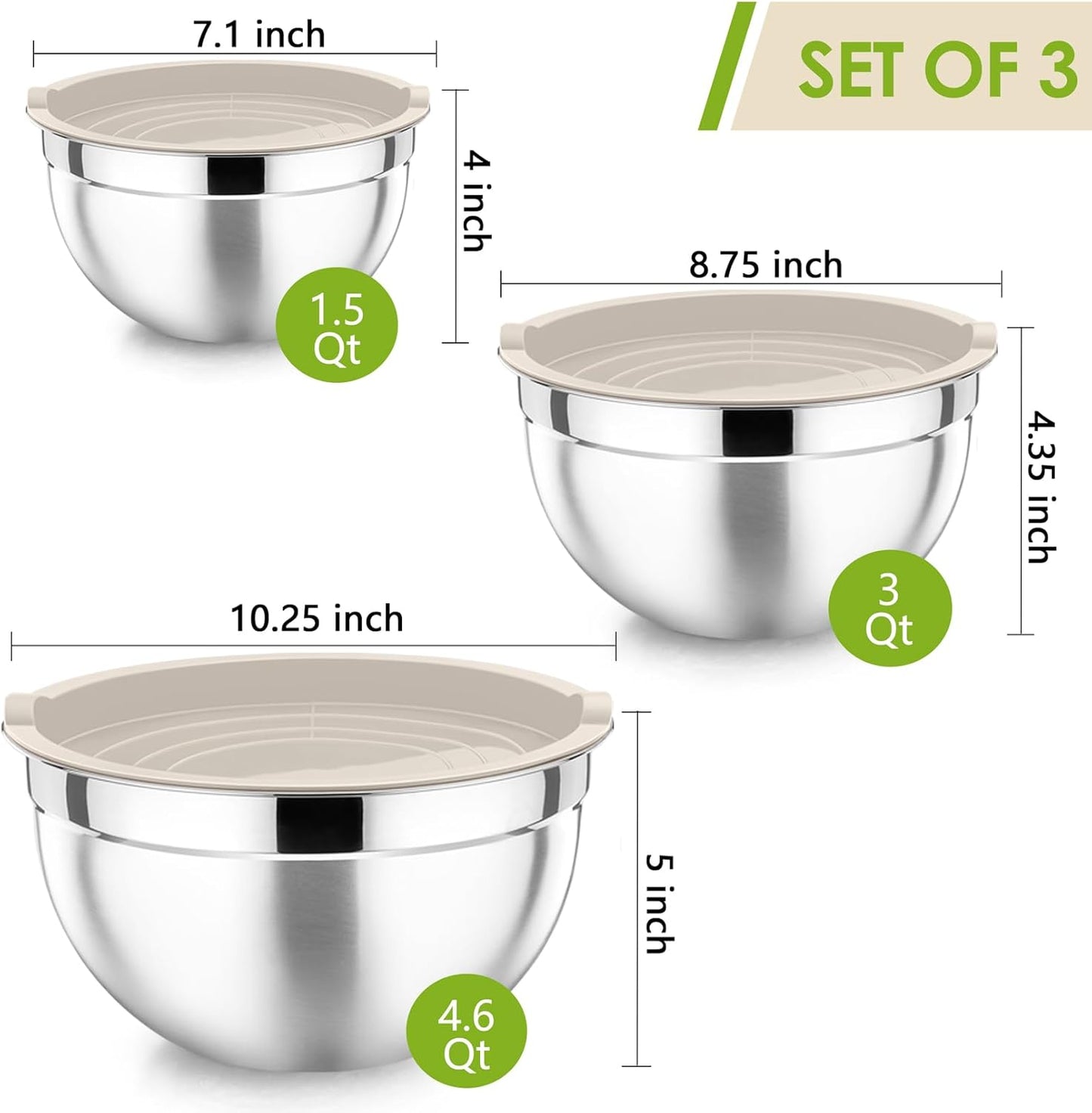 P&P CHEF Black Mixing Bowls with Lids, Set of 3, Stainless Steel Salad Nesting Bowl for Mixing, Storing, Prepping, Airtight & Stackable, Size 4.6/3 /1.5 QT