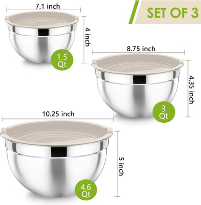 P&P CHEF Black Mixing Bowls with Lids, Set of 3, Stainless Steel Salad Nesting Bowl for Mixing, Storing, Prepping, Airtight & Stackable, Size 4.6/3 /1.5 QT