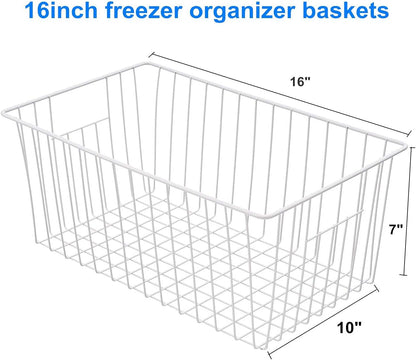 16" L x 12" W Wider Freezer Storage Organizer Baskets Container, Deep Metal Wire Chest Upright Refrigerator Divider Bins with Built-in Handles for Cabinet, Pantry, Closet, Kitchen