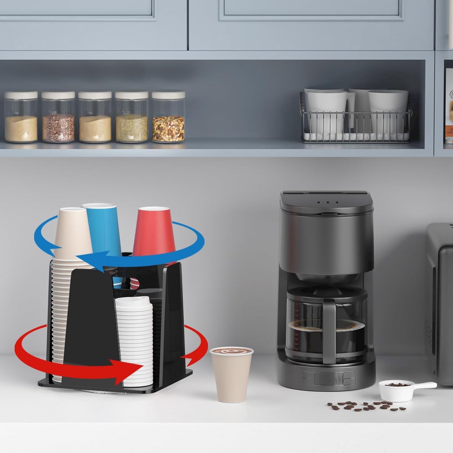 WINFFOR Coffee Cup Holder for Countertop - 4 Compartments Clear Rotating Disposable Cup Organizer Plastic Cup Storage Lid Carousel Coffee Bar Accesories for Restaurant Breakroom Kitchen Cabinet