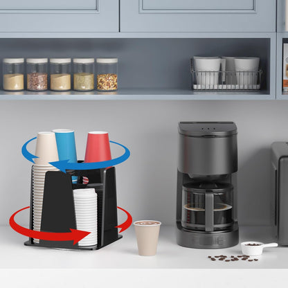 WINFFOR Coffee Cup Holder for Countertop - 4 Compartments Clear Rotating Disposable Cup Organizer Plastic Cup Storage Lid Carousel Coffee Bar Accesories for Restaurant Breakroom Kitchen Cabinet
