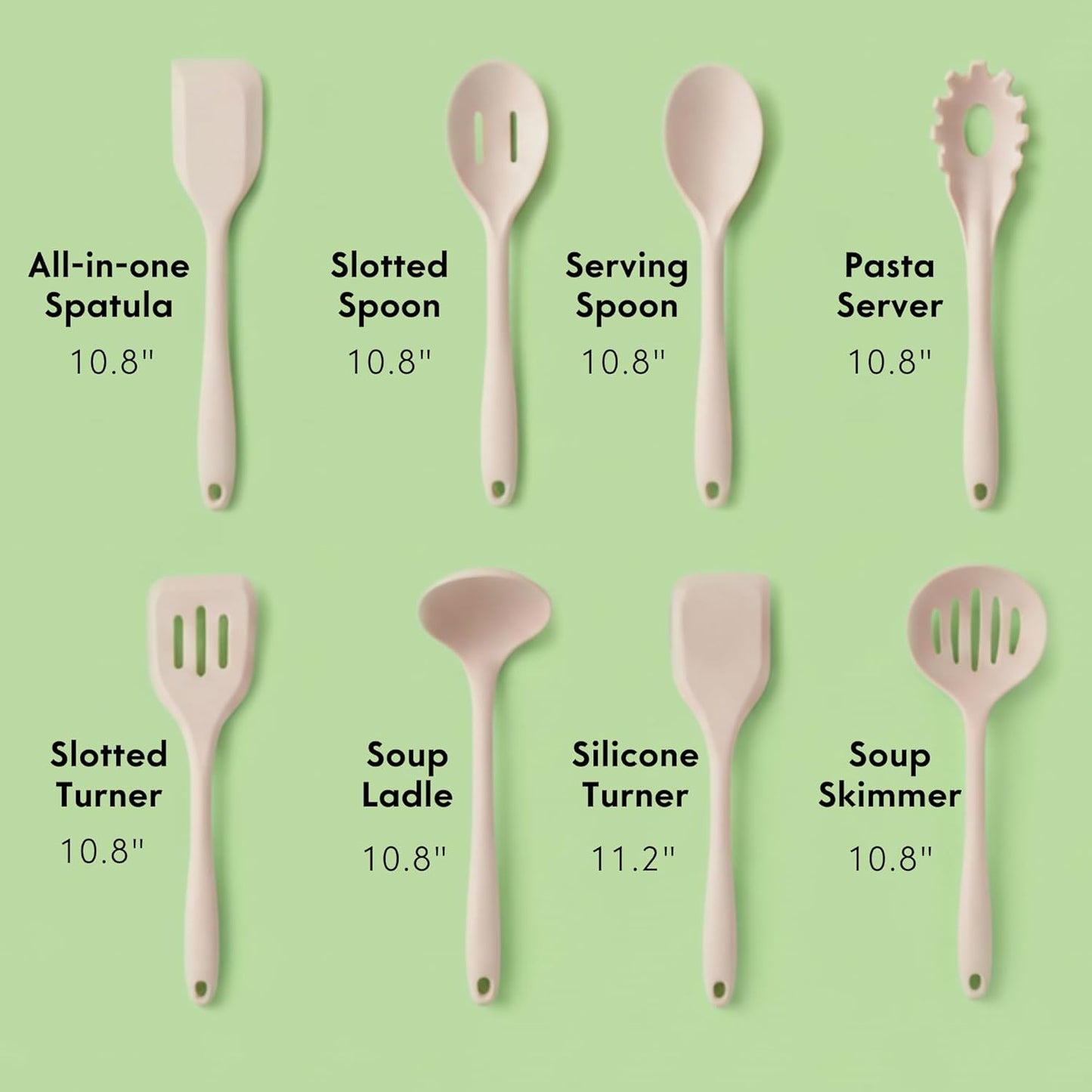 Non-Toxic Platinum Silicone Kitchen Utensil Set of 8 – Non-Scratch Cooking Spoons & Spatulas, 100% Plastic Free, Stainless Steel Core, Heat Resistant 500°F, Beige