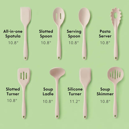 Non-Toxic Platinum Silicone Kitchen Utensil Set of 8 – Non-Scratch Cooking Spoons & Spatulas, 100% Plastic Free, Stainless Steel Core, Heat Resistant 500°F, Beige