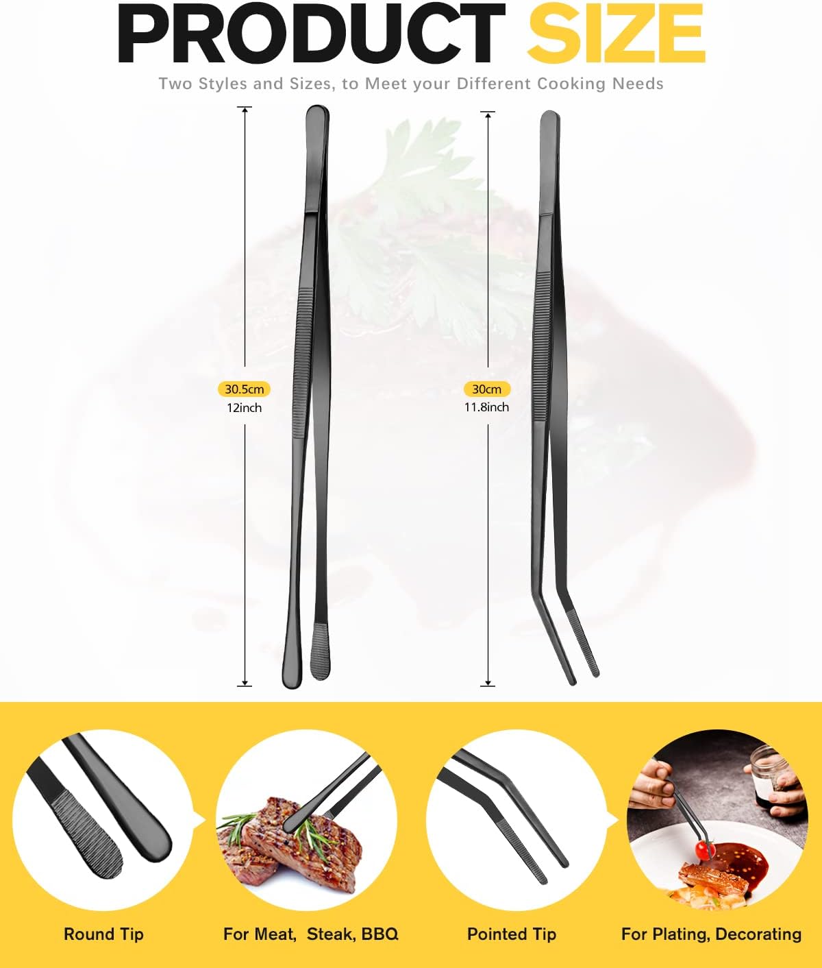 2 Pcs Kitchen Fine Tweezer Tongs, 12'' Stainless Steel Food Tweezers Set, Professional Black Kitchen Long Tweezer for Cooking, Repairing, Sea food and BBQ(BLACK)