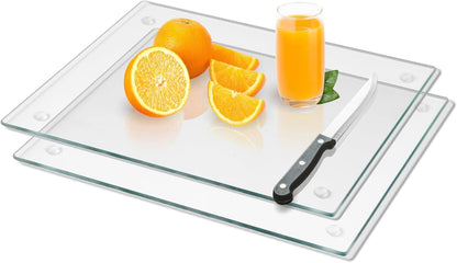 Mymonfif Tempered Glass Cutting Board for Kitchen, Clear Glass Board for Countertop, Heat Resistant, with Non-Slip Feet, 12x16" & 12x8" 2 Pcs Clear