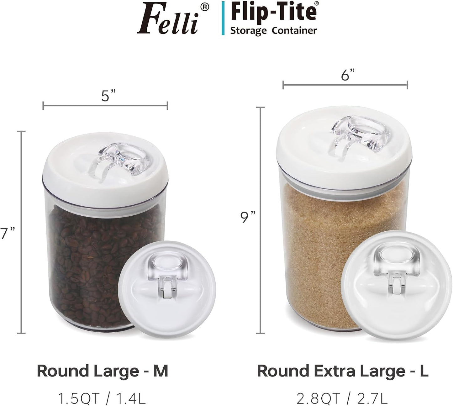 Felli Flip Tite Acrylic Food Storage Container with Lid 6” XL Air Tight Ring Seal Flip Top, Plastic Kitchen Baking Canister for 5 lb Flour Sugar Rice Protein Powder Pantry Organizer (Nest-M, White)