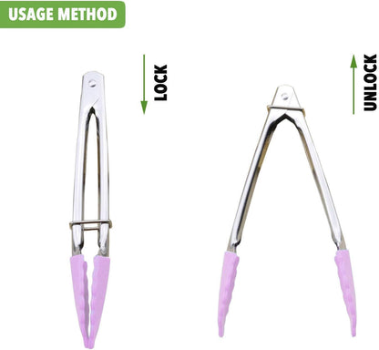 HINMAY Mini Stainless Steel Food Tongs with Silding Rings 7-Inch, Set of 6 | Small Clam Shell Service Tongs for Serving Appetizers, Desserts, Salads, Barbecue and Cooking (Silver)