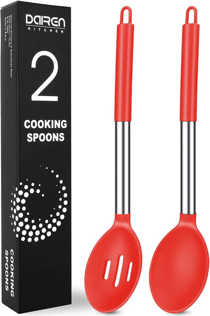 Pack of 2 Large Silicone Cooking Spoons, BPA Free Kitchen Scoops (Black)