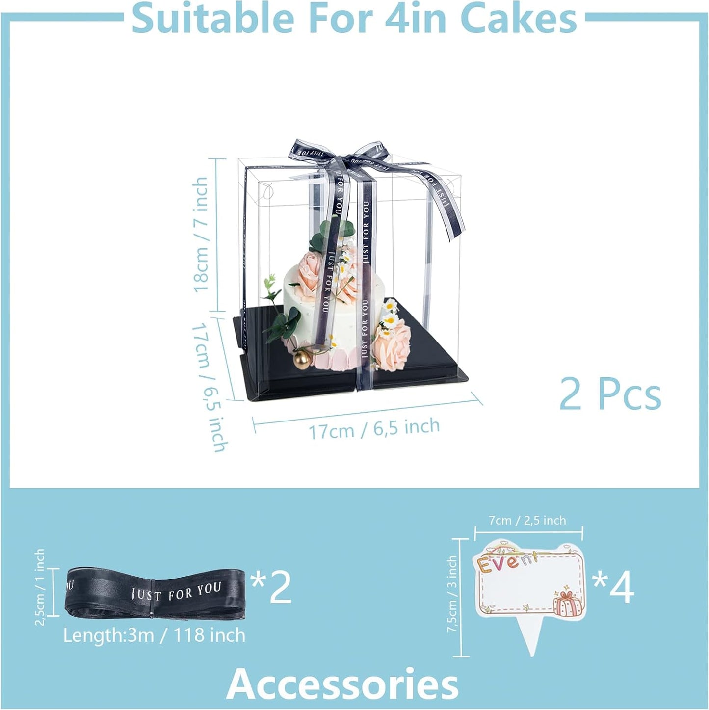 Clear Cake Box, 2 Pcs Transparent Cake Carrier Box with Lids, 4in PET Packaging Boxes with Ribbon Gift Card for Pastries, Clear Gift Boxes for Birthday, Wedding and Festival Party, Black.