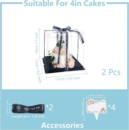 Clear Cake Box, 2 Pcs Transparent Cake Carrier Box with Lids, 4in PET Packaging Boxes with Ribbon Gift Card for Pastries, Clear Gift Boxes for Birthday, Wedding and Festival Party, Black.