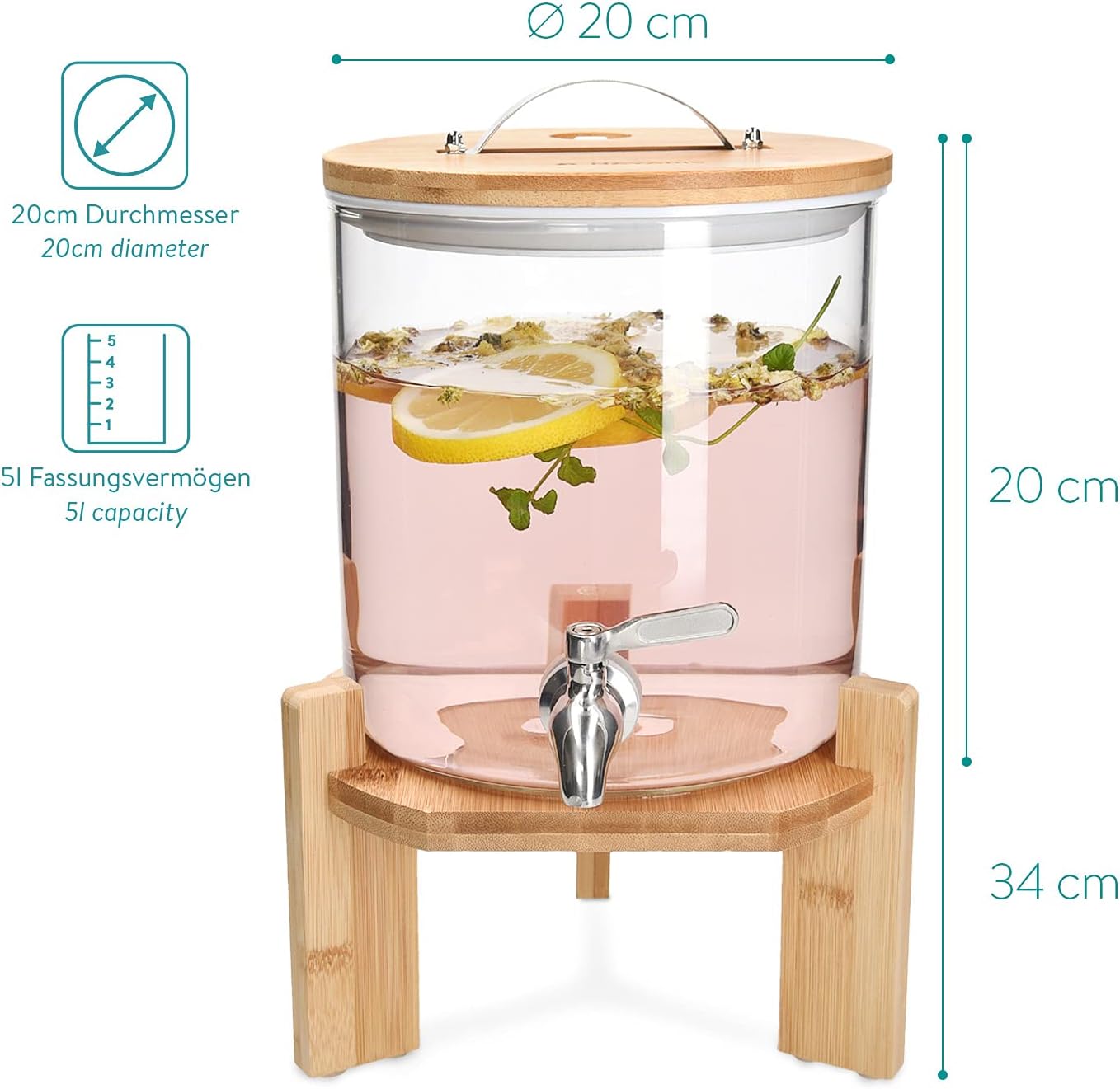 Navaris Beverage Dispenser with Stand - 1.3 Gallon (5L) Glass Drink Dispenser with Spigot, Lid, Wood Stand for Hot or Cold Drinks, Ice Water, Parties
