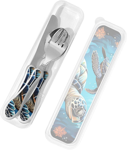 3-Piece Kids Silverware Set With Storage Case, Stainless Steel Reusable Children Safe Knife Spoon Fork Set Elephant Pattern Children Flatware Set For Kids Lunch Box