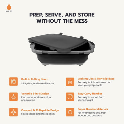 Drip EZ Collapsible BBQ Prep Tubs 3-Piece Set- For Meal Prep Marinating Food Storage - Includes Cutting Board & Lid - (1) JR + (1) OG + (1) XL - Black