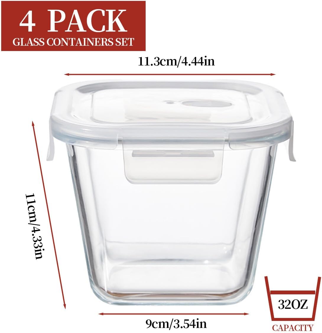H.JSS WDJS 3Cup Round Glass Food Storage Containers with Airtight lids, 23oz Glass Meal Prep Containers, Heat-Resistant BPA-Free for Soup Leftover, Microwave, Dishwasher and Fridge Safe (white-4Pack)