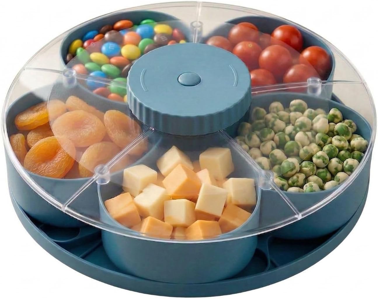Rotating Snack Tray with Lid, 5 Compartments Divided Serving Platter, BPA-Free Food Storage Container for Candy, Fruit, Nuts, Appetizers, Spinning Lazy Susan for Party, Kitchen, Living Room(Blue)