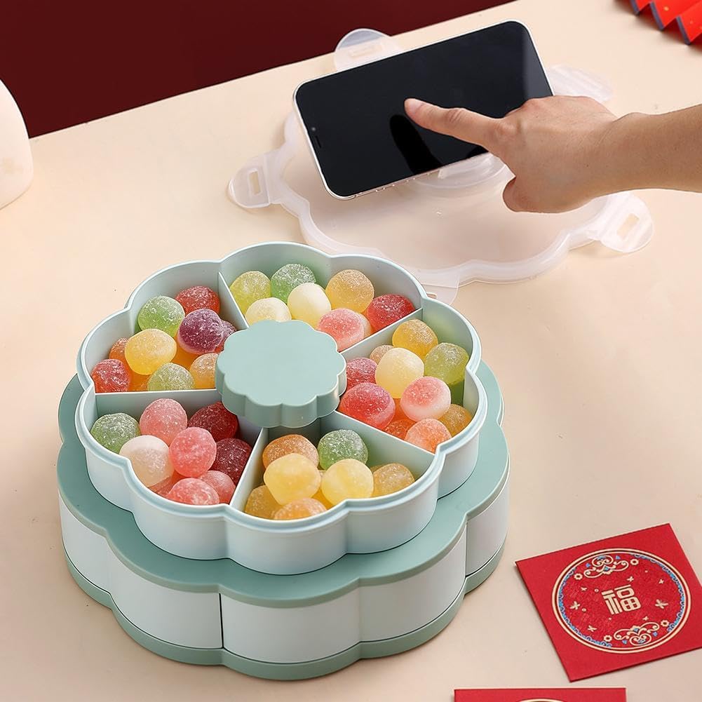 Divided Serving Tray that Spins, Snackle Box Container for Fruits Candy Organizer, Rotating Snack Box Container with Lid, Lazy Spinner Organizer Veggie Fruit Tray for Kitchen, Party and Picnic