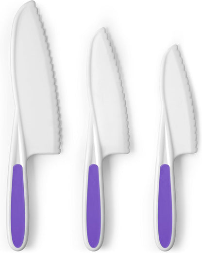 Zulay Kitchen 3-Piece Kids Knife Set for Real Cooking & Baking - Toddler Knives for Cutting Fruits, Veggies, & Cake - Children’s Montessori Knive with Serrated Edges - Safe & Fun Lettuce Knife (Red)