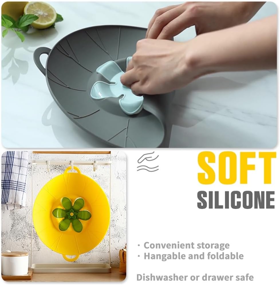 Silicone Boil Over Spill Safeguard - Food Grade Kitchen Stopper Lid For Pots And Pans - Eco-Friendly Silicone Cover In Grey And Yellow(Yellow,Small)