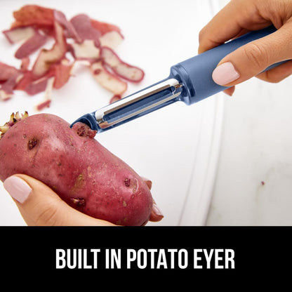 GORILLA GRIP® Patented BPA-Free Vegetable Peeler, Extra Sharp Swivel Stainless Steel Blades with Guard, Comfortable Soft Handle, Easily Peel Carrots or Fruit, Potato Eye Remover, Washer Safe, Black