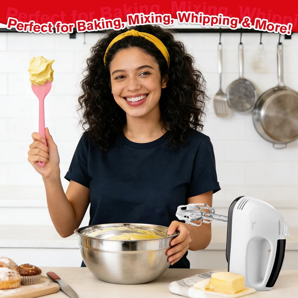 Showvigor Electric Hand Mixer with Stainless Steel Mixing Bowl Set –7 Speeds Turbo-Boost Hand Mixer with Large Mixing Bowls, Measuring Cups, Spoons & Spatula for Kitchen Cakes Eggs Baking(Pink)