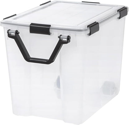 IRIS USA Storage Bins with Lids, WeatherPro Wheeled 106 Qt, Plastic, 3 Pack | Weather-tight gasket, wheels, and secure latches protect camping gear, tools, holiday décor, clothing, and documents.