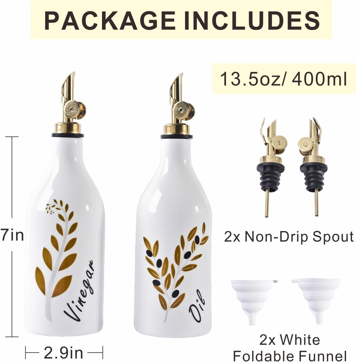 Oil and Vinegar Dispenser with Spout Set of 2, 13.5oz Olive Oil Dispenser Bottle for Kitchen Leakproof Oil Containers with Stainless Steel Pourer Suitable for Oil, Vinegar, Soy Sauce
