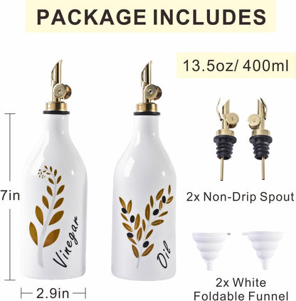Oil and Vinegar Dispenser with Spout Set of 2, 13.5oz Olive Oil Dispenser Bottle for Kitchen Leakproof Oil Containers with Stainless Steel Pourer Suitable for Oil, Vinegar, Soy Sauce