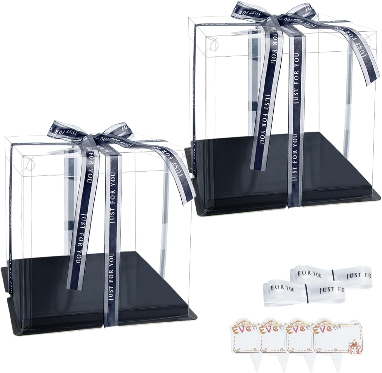 Clear Cake Box, 2 Pcs Transparent Cake Carrier Box with Lids, 4in PET Packaging Boxes with Ribbon Gift Card for Pastries, Clear Gift Boxes for Birthday, Wedding and Festival Party, Black.