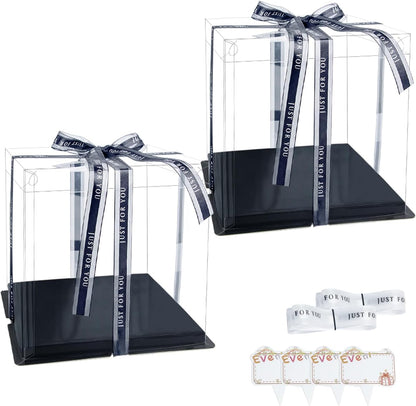 Clear Cake Box, 2 Pcs Transparent Cake Carrier Box with Lids, 4in PET Packaging Boxes with Ribbon Gift Card for Pastries, Clear Gift Boxes for Birthday, Wedding and Festival Party, Black.