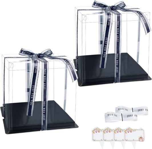 Clear Cake Box, 2 Pcs Transparent Cake Carrier Box with Lids, 4in PET Packaging Boxes with Ribbon Gift Card for Pastries, Clear Gift Boxes for Birthday, Wedding and Festival Party, Black.