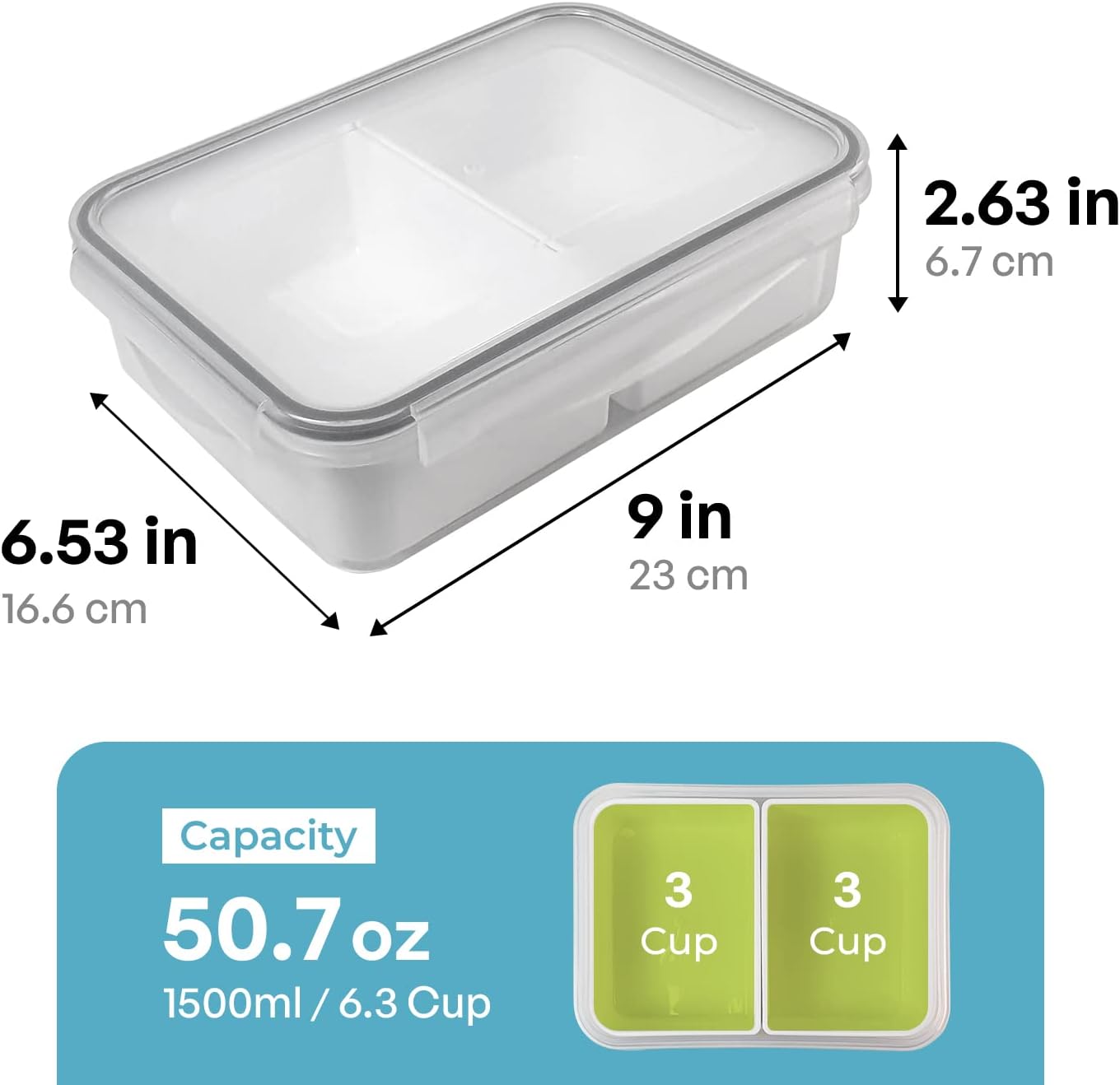 carrotez Food Storage Containers with 3 Removable Compartments, Food Prep Container with Airtight Lids, Portion Control Container, Microwave Safe, Reusable, 4.64 Cup (1100ml)