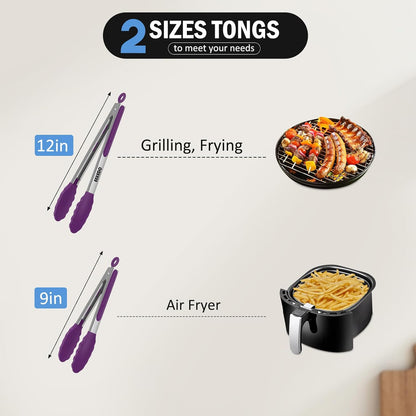 Kitchen Tongs, Stainless Steel Cooking Tongs with Silicone Tips, 600ºF High Heat-Resistant Non Scratch Locking Tongs for Cooking BBQ Grilling Air Fryer Pans, Set of 3 (7" 9" and 12") Black