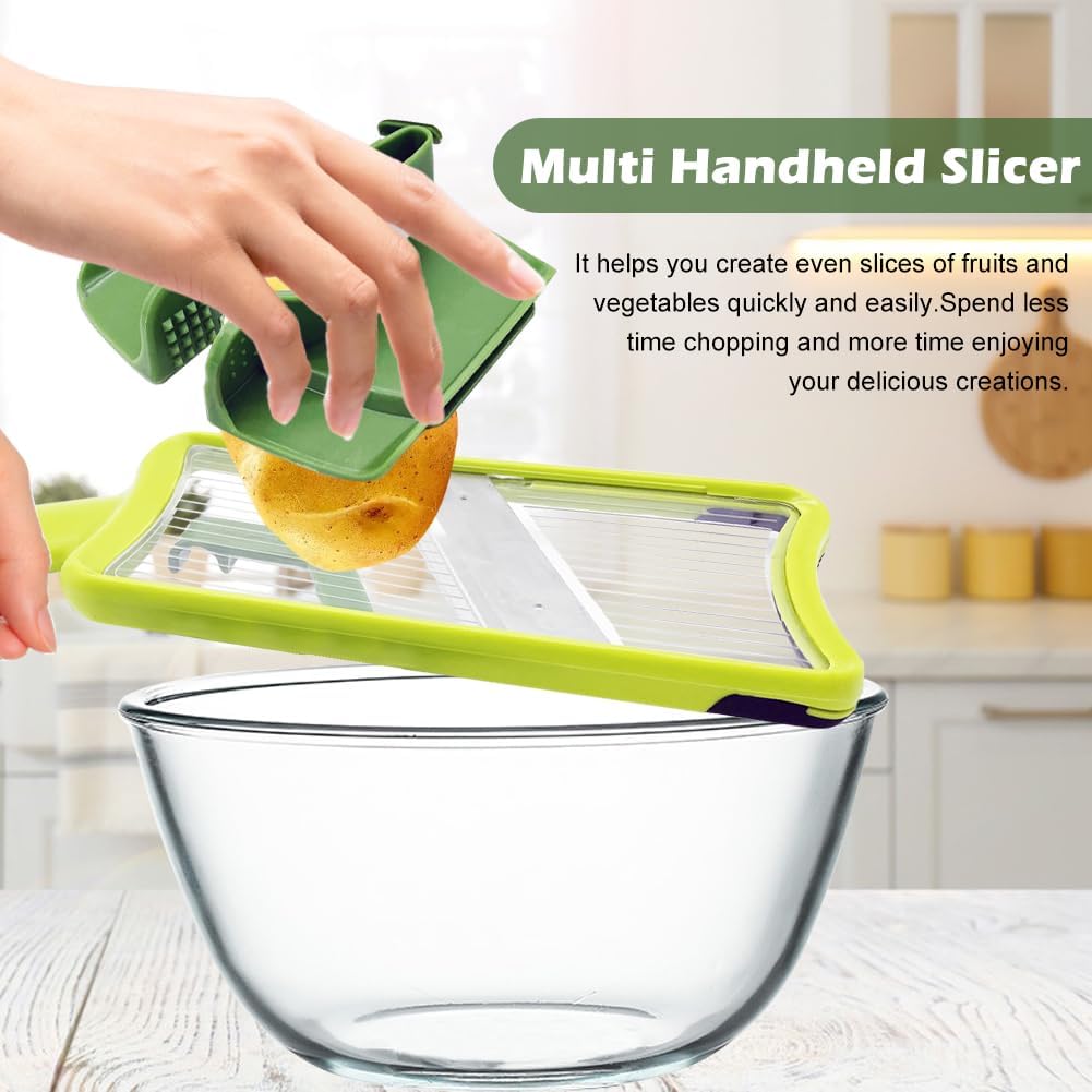 Multi Handheld Mandoline Slicer, Stainless Steel Professional Vegetable Slicer with Comfortable Grip, Vegetable Grater for Potatoes, Onions, Cucumbers, Cheese, Easy to Clean(Green)