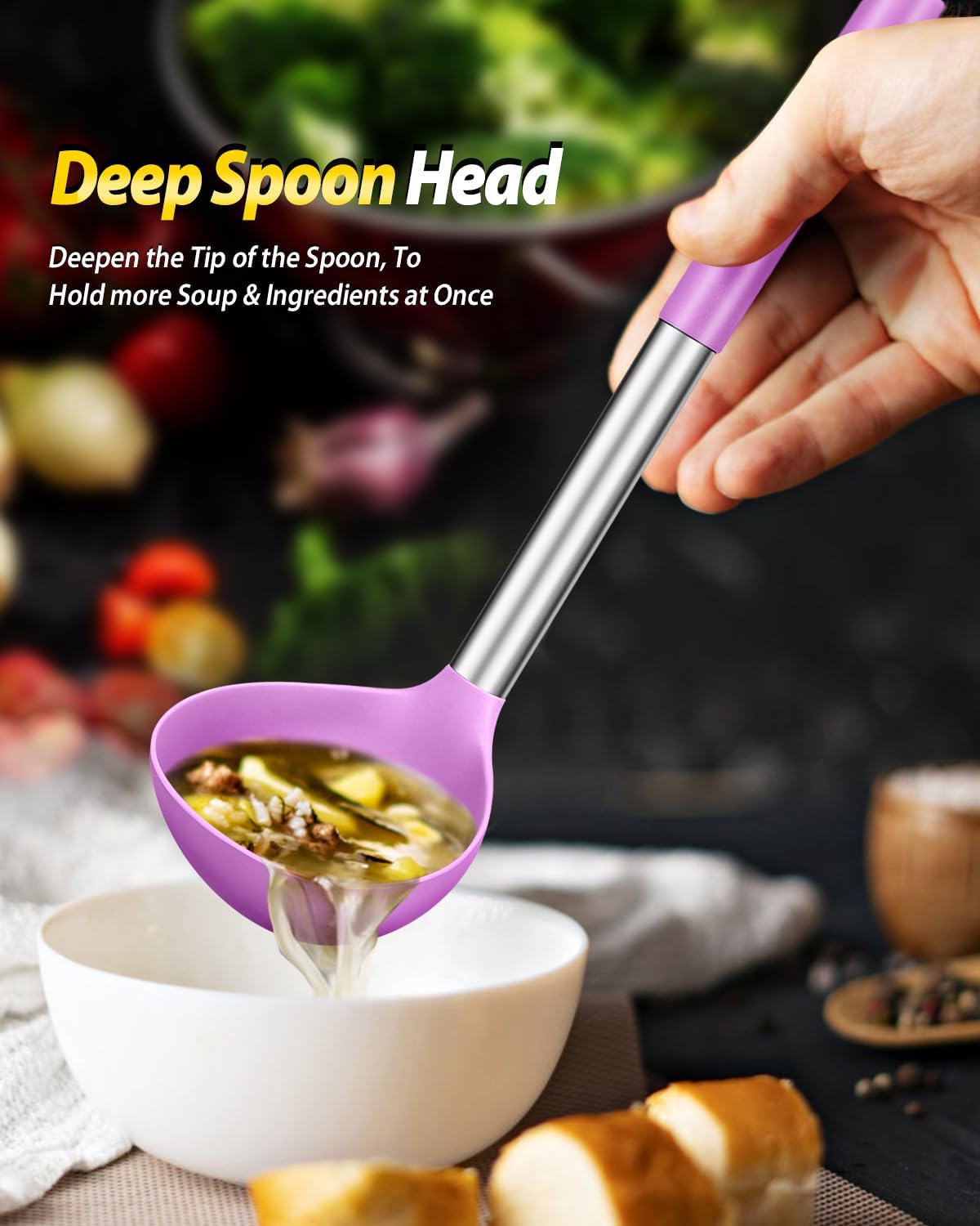 BUNDLEPRO Silicone Soup Ladle and Pasta Spoon Set, 2 Pack, Gray