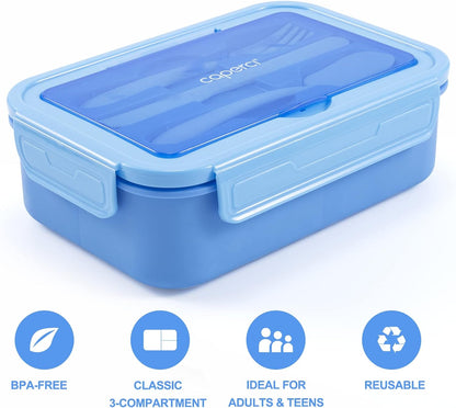 Caperci Classic Bento Box Adult Lunch Box for Older Kids - Leakpoof 47 oz 3-Compartment Lunch Containers for Adults and Teens, Built-in Utensil Set, Ideal for On-the-Go Balanced Eating,Khaki Green