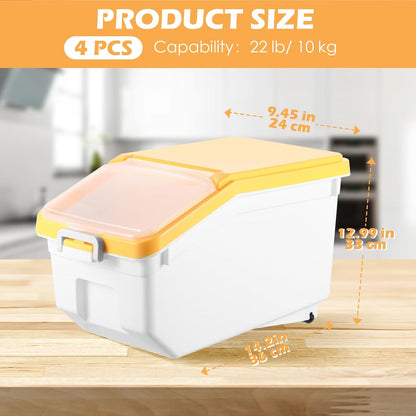 Sunnyray 4 Pcs Rice Storage Containers Bulk Flour Sugar Container Wheels Measuring Cups Set Airtight Pet Dog Cat Birds Food Bin Grain Cereal Organizer Box for Dry Baking (Beige,38 lb)