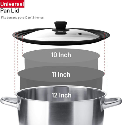 Universal Lids for Pots, Pans and Skillets - Tempered Glass with Vented Silicone Rim and Heat-Resistant Handle - Fits Multiple Cookware Sizes - Dishwasher & Microwave Safe (Single, 11",12",12.5")