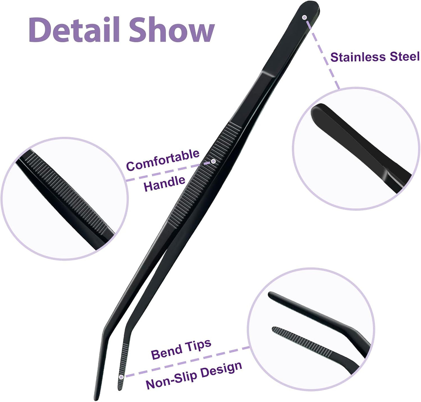 8-Inch Kitchen Tweezers Stainless Steel Culinary Plating Tweezer, Professional Chef Tweezer Food Tongs (Curved Head, Sliver)