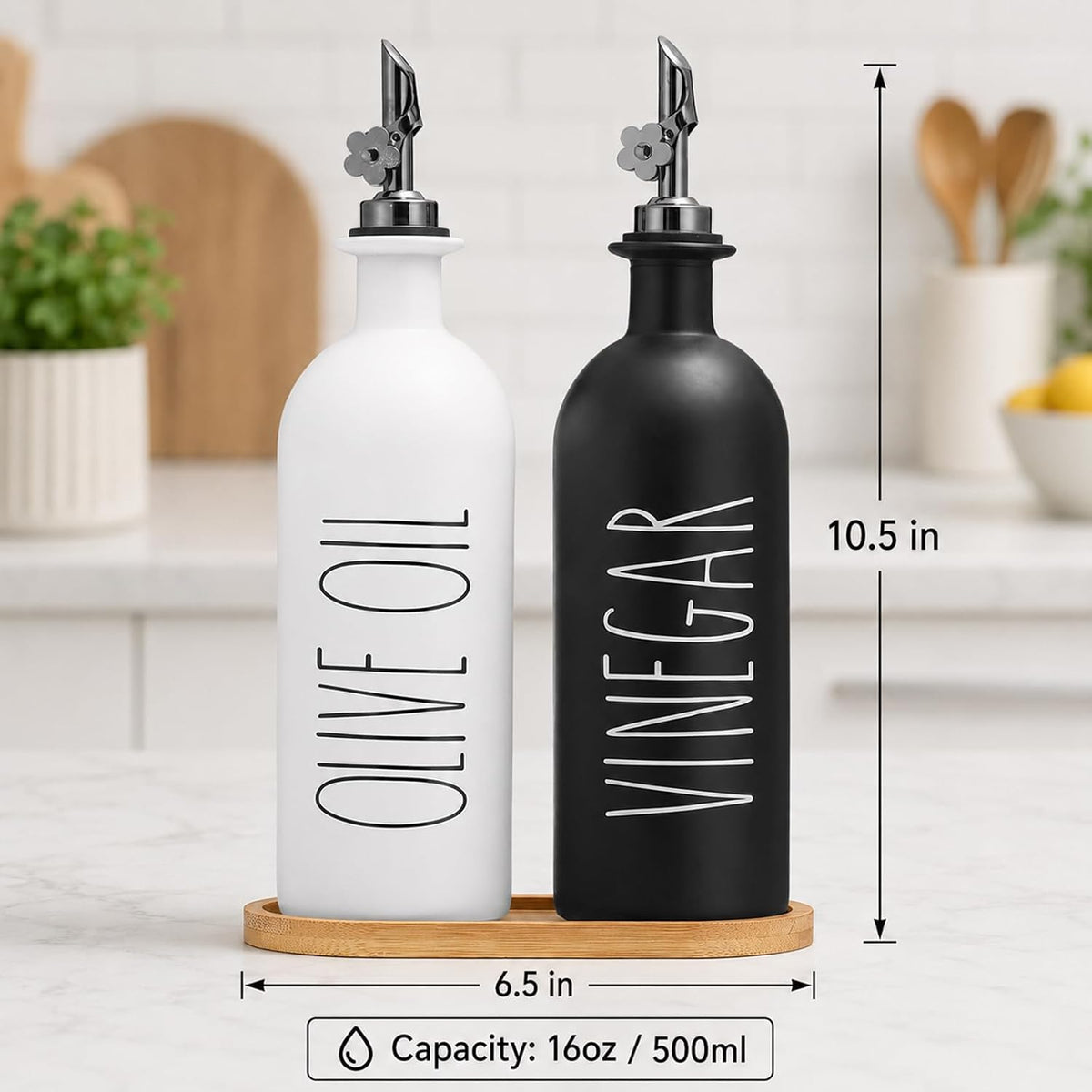 HOMCDALY Premium Olive Oil Dispenser for Kitchen, 11.8oz Glass Oil Bottles with Bamboo Tray, White Oil&Vinegar Cruet Set, Kitchen Dispenser Bottles with Pourer| Set of 2 (11.8oz –P–White)