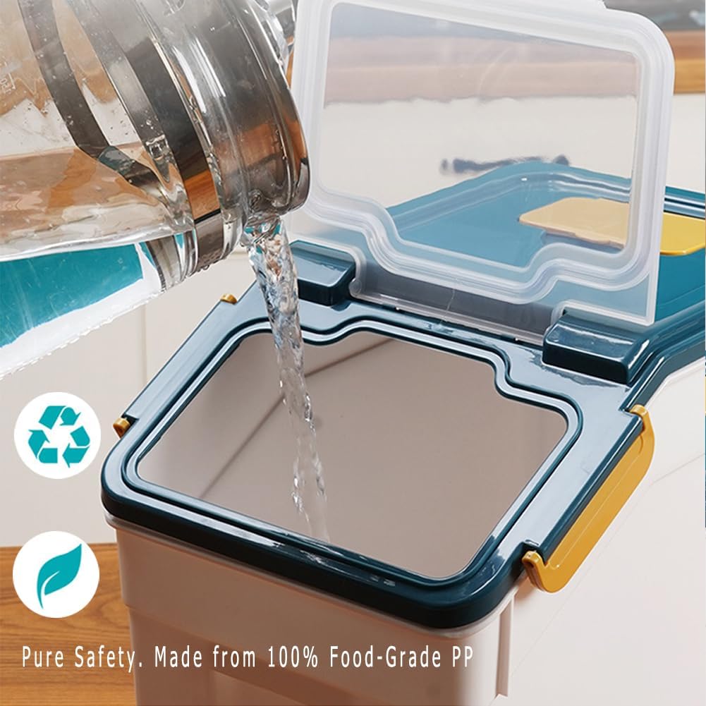 Large Flour Storage Container Bin 25lb, 2Pack Airtight Rice Storage Containers with Measuring Cup&Scoop, BPA Free with Wheels Seal Locking Lid for Flour, Rice, Grain (50LBS Total, Blue)
