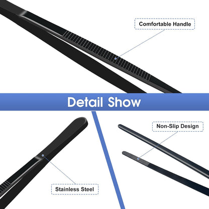 8-Inch Plating Tweezers Culinary Kitchen Tweezer Stainless Steel, Black Offset Tweezers for Cooking Food Design (8-Inch Offset Design)