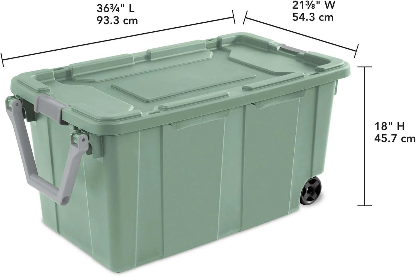40 Gallon Wheeled Industrial Tote, Rugged Plastic Storage Bin, Latch Lid, Light Green, 2 Count