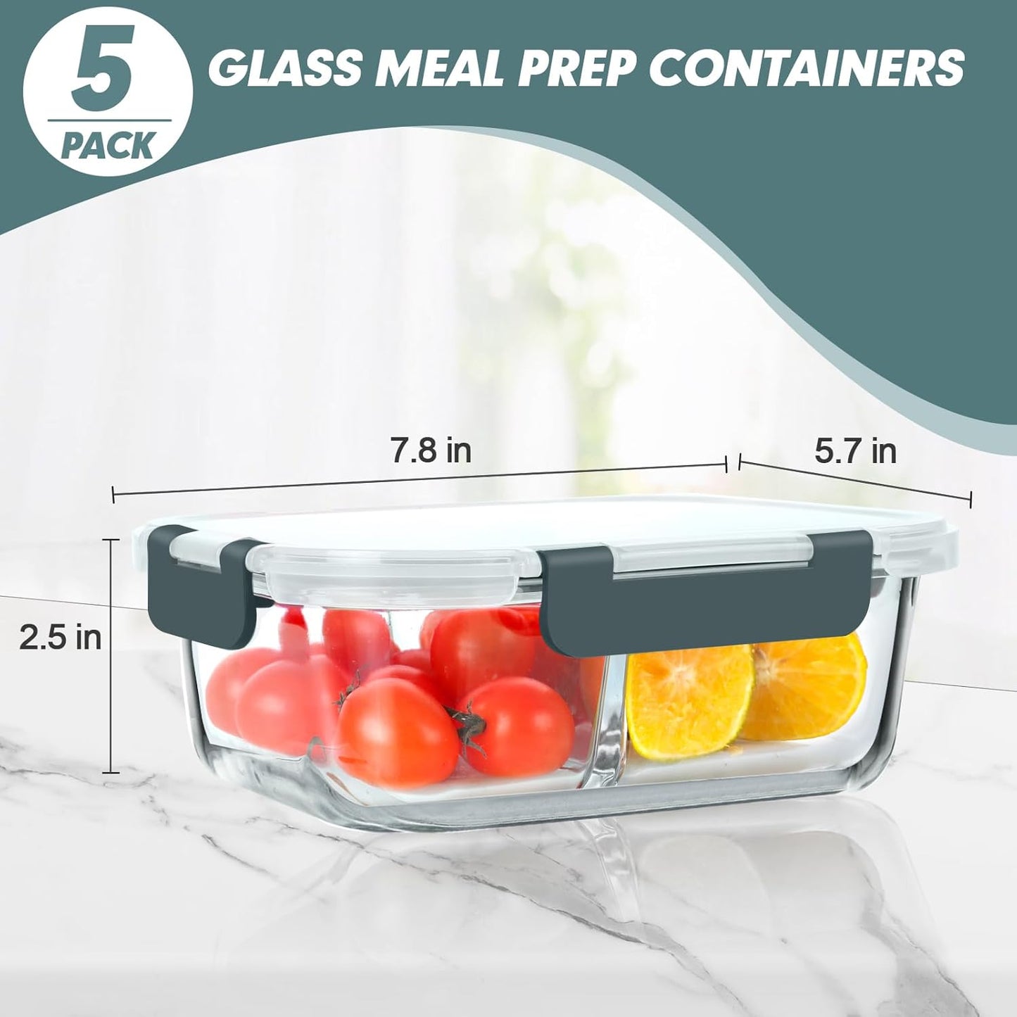 KOMUEE 30 oz 5 Pack Glass Meal Prep Containers 2 Compartments, Glass Food Storage Containers with Lids, Airtight Lunch Box, Microwave, Oven and Freezer Safe, White
