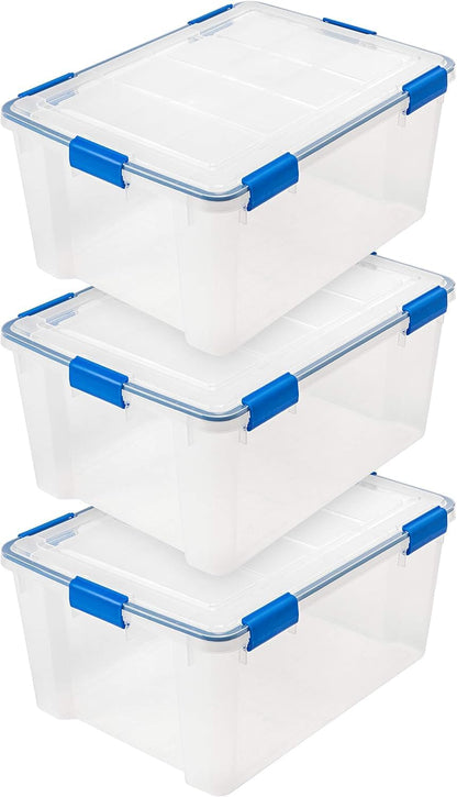 IRIS USA WeatherPro 16 Qt Storage Bins with Lids, 3 Pack, BPA-Free Plastic Gasket Box with Tight Latch and Seal, Stackable Nestable Tote Tub - Clear/Blue