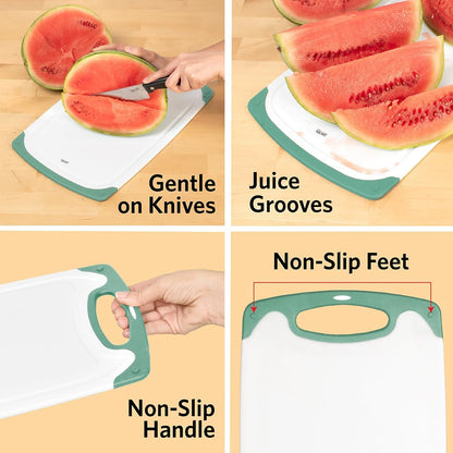 Glad Cutting Boards for Kitchen - 3pc Cutting Board Set with Juice Grooves and Non Slip Handles - Assorted Sizes for Meat, Vegetables, and Fruit - Non Porous, Dishwasher Safe, Grey