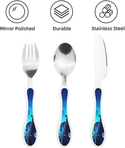 3-Piece Kids Silverware Set With Storage Case, Stainless Steel Reusable Children Safe Knife Spoon Fork Set Blue Lotus Floral Children Flatware Set For Kids Lunch Box