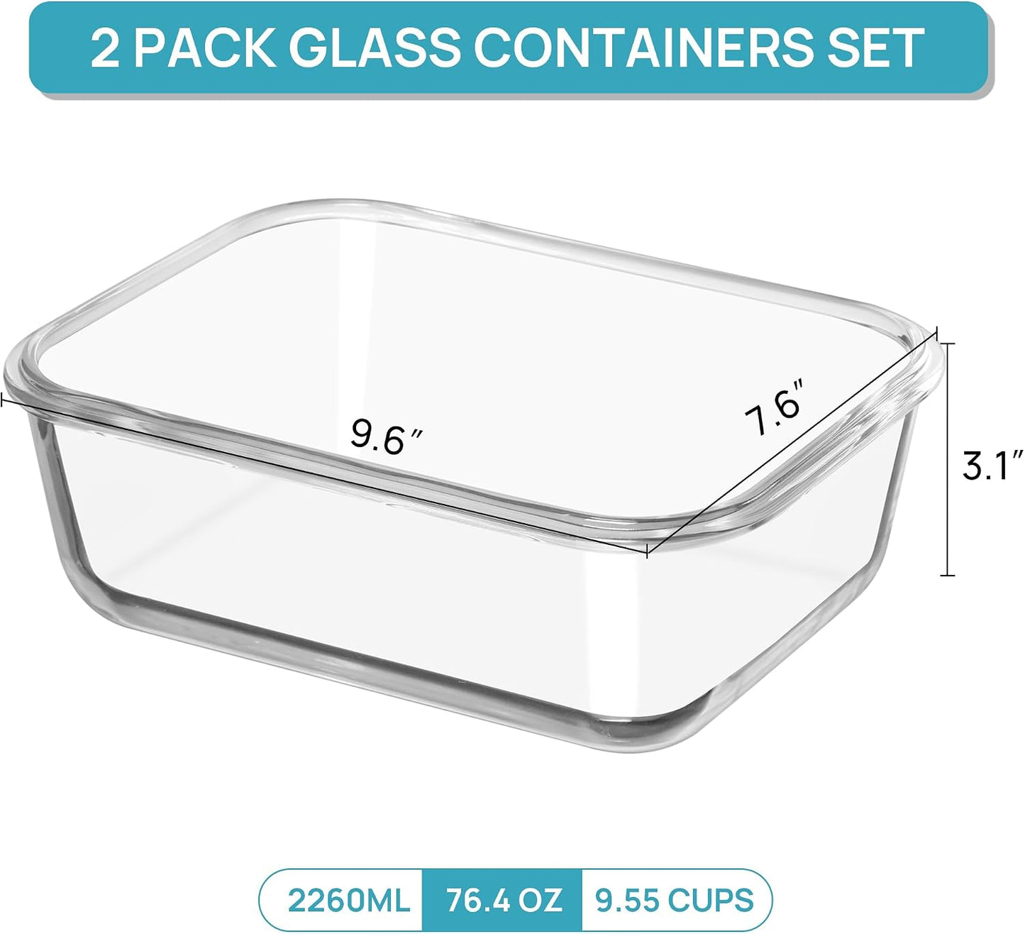 Vtopmart 2Pack 1860ml/63oz Large Glass Storage Containers with Lids, Meal Prep Food Container Set with Snap Airtight Lid for Baking, Microwave, Oven, Leak Proof, for Freezer, Dishwasher, Grey