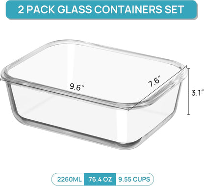 Vtopmart 2Pack 1860ml/63oz Large Glass Storage Containers with Lids, Meal Prep Food Container Set with Snap Airtight Lid for Baking, Microwave, Oven, Leak Proof, for Freezer, Dishwasher, Grey