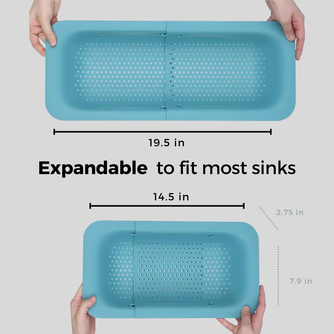 Collapsible Multi-purpose Colander - Over the sink strainer basket - Wash, Drain and Dry - Extendable 14.5-19.5 in -Teal